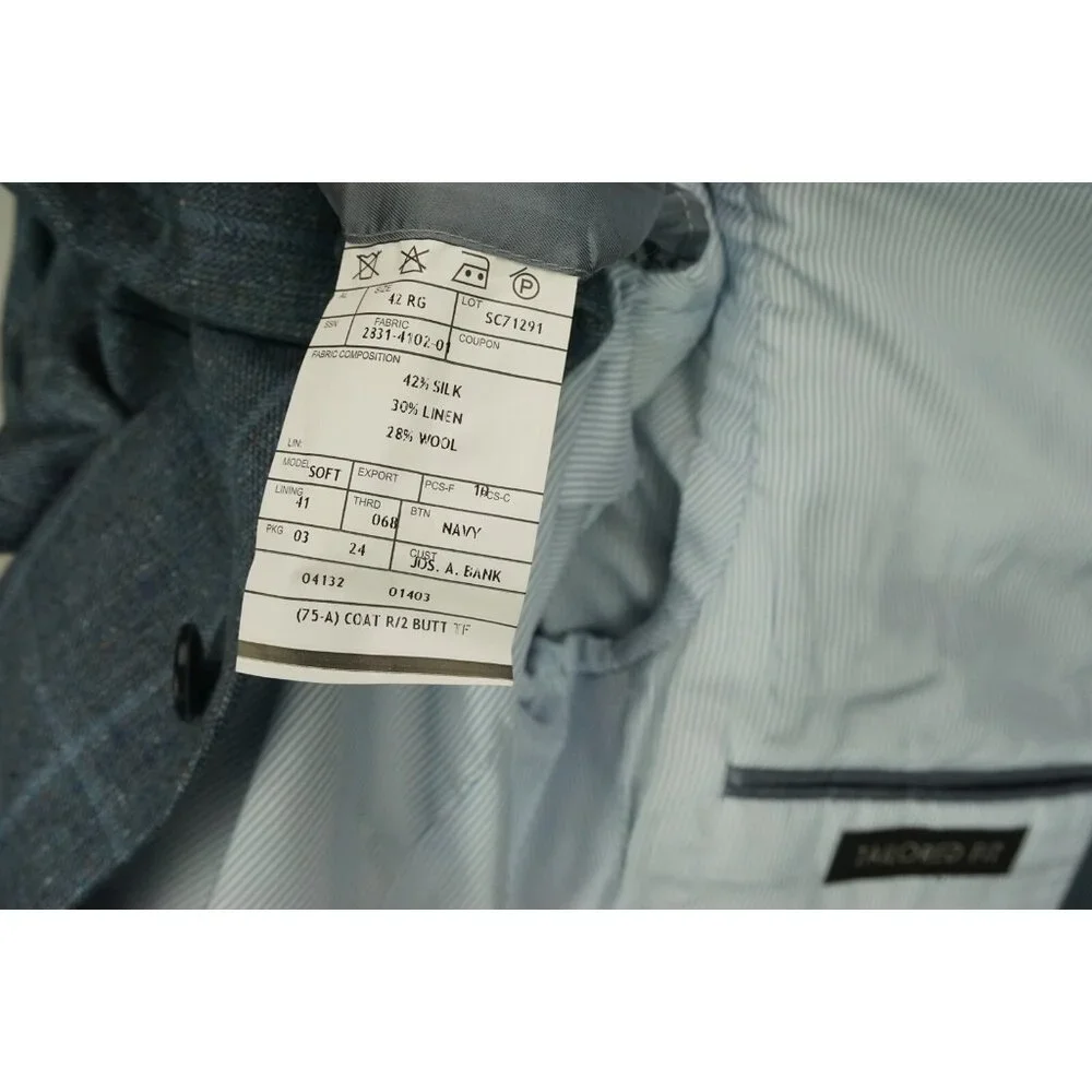 Jos A Bank Signature Collection Tailored Silk Linen Blue Plaid Sport Coat 42